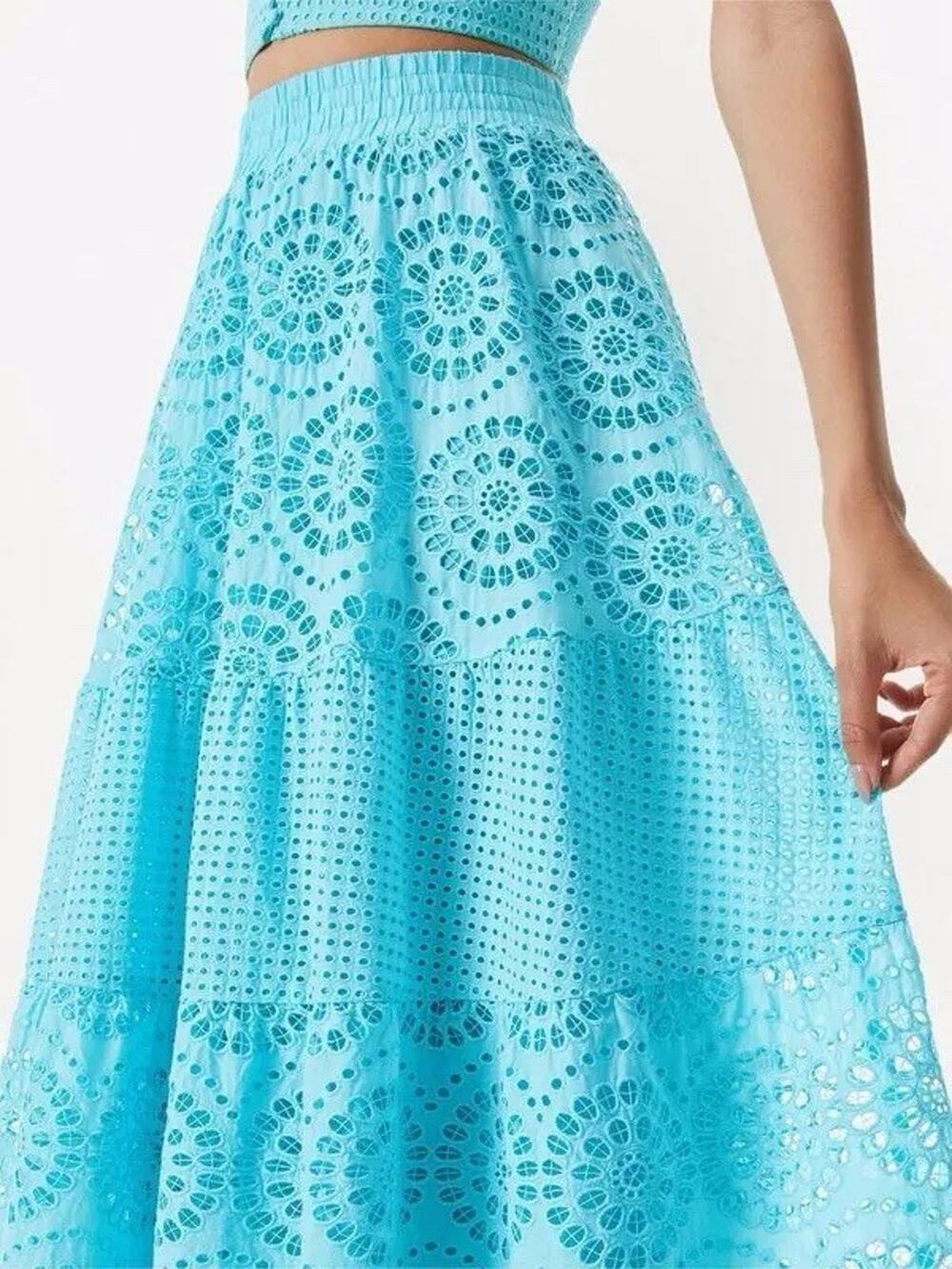 Alice + Olivia Melony Broderie Anglais Smocked Shirred Skirt, Aqua size 0 XS